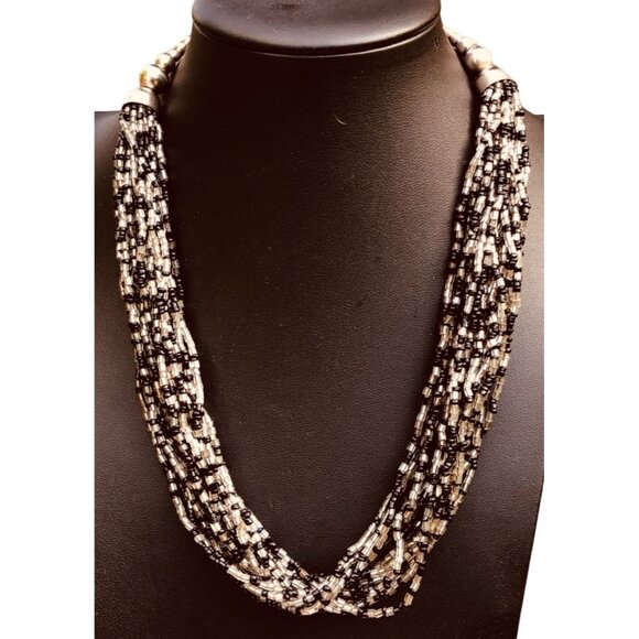 Unbranded Jewelry - Handmade Multi Strand Silver Tone Black Bead and Silver Lined Hex Cut Seed Bead